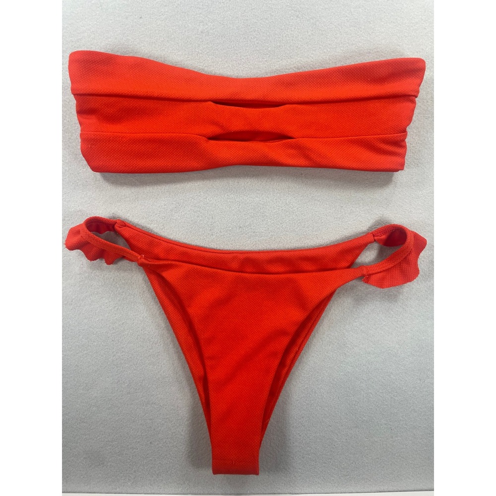 ZAFUL‎ Women Orange Red Bandeau Cutout Bikini Set Ruffle High Cut Small 4